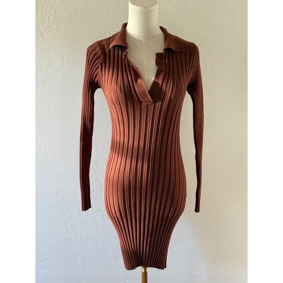 Tularosa Brown Ribbed Knit Mini Dress sz SM Long Sleeve Collared Fitted Bodycon - Picture 1 of 10